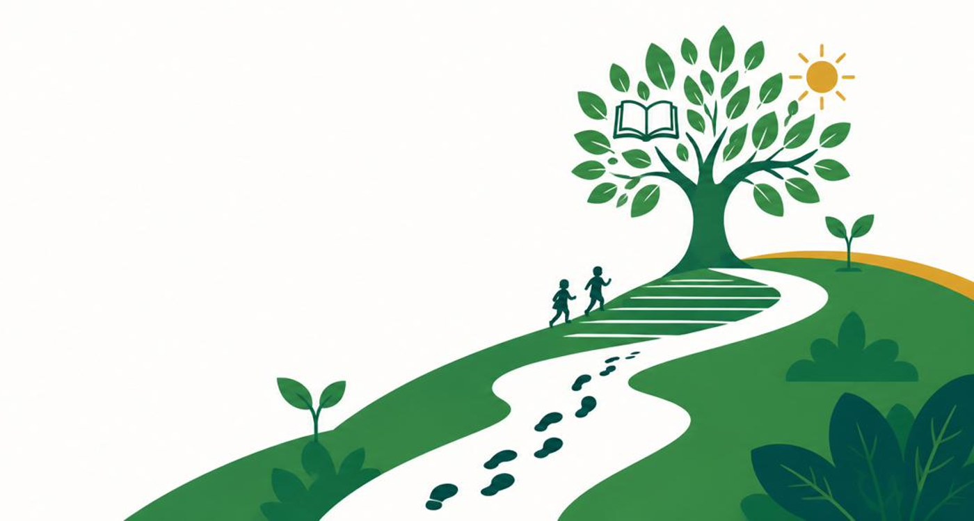 Illustration of two children walking a path toward a tree with a book in its branches