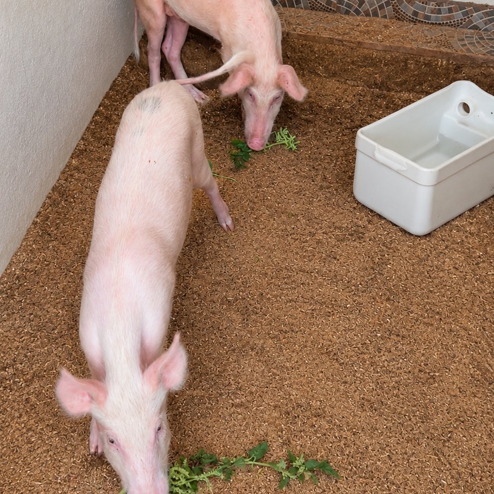 Pigs in a deep litter pen, one part of the farm's animal unit